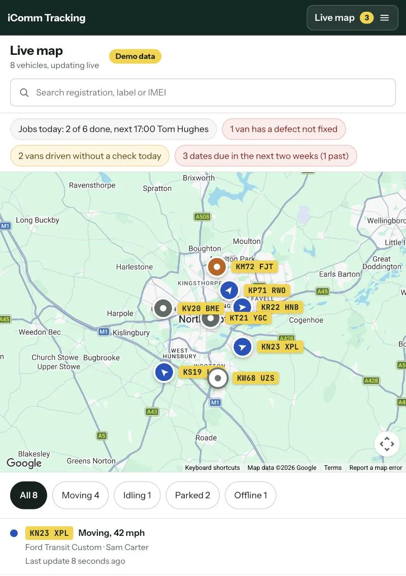 The live map on a phone, showing vans around Northampton by their registration plates.