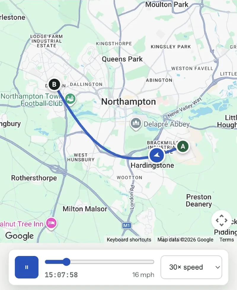 A trip being replayed on the map, with the time and speed shown.